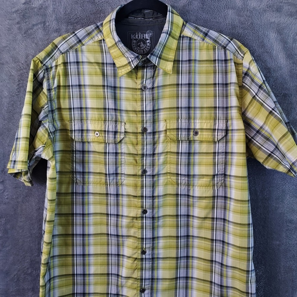 Kuhl‎ Men's Medium Yellow Plaid Short Sleeve Button Up Shirt Outdoor Casual